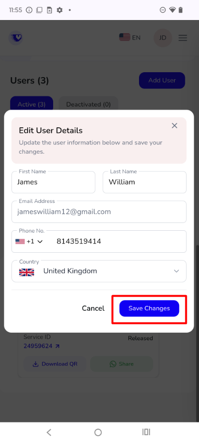 Fig 2.3 — Edit User Details modal