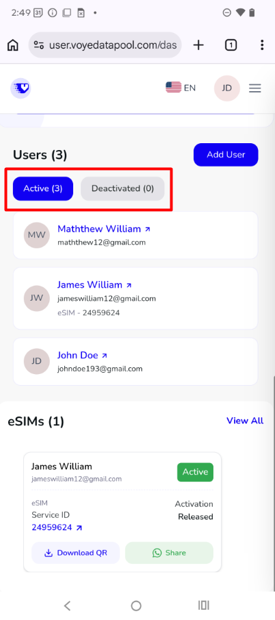 Fig 6.1 — Users section with Active (2) and Deactivated (0) tabs